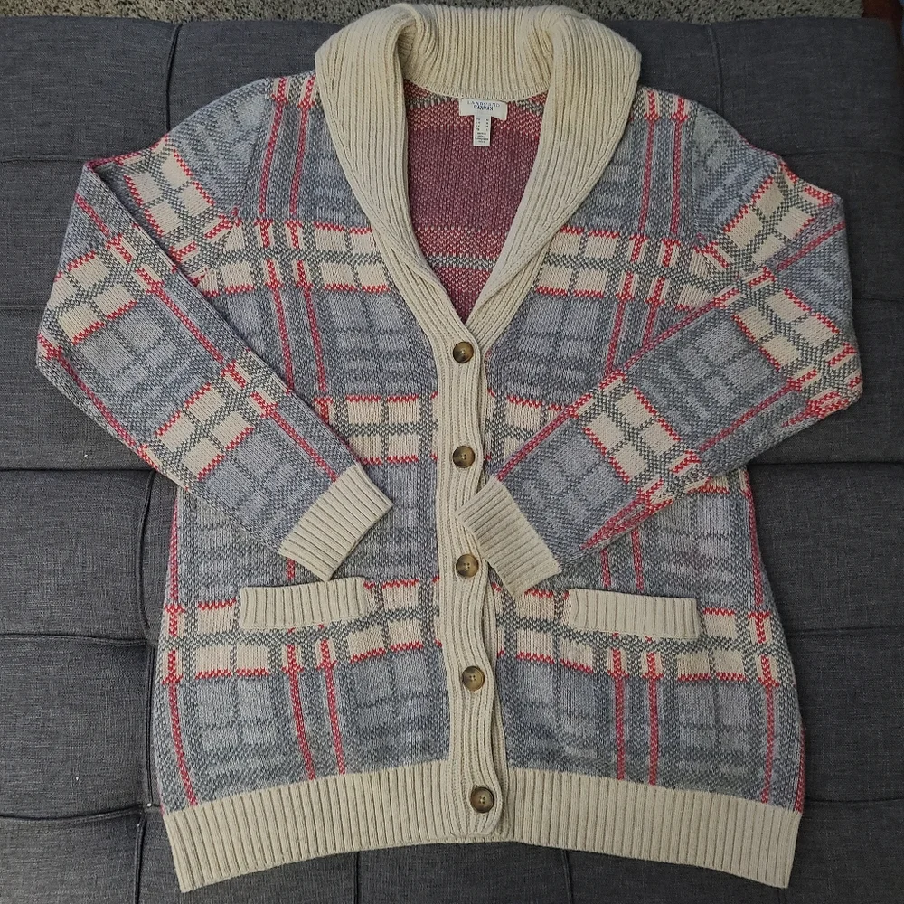 Lands End canvas 1963Vl vtg PLAID CARDIGAN SWEATER SIZE M cotton wool blend euc - Picture 14 of 15